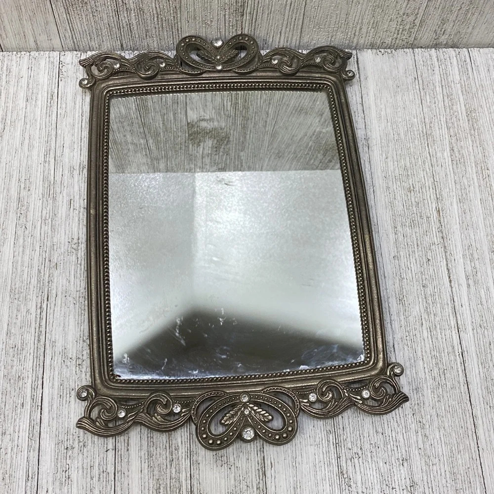 Vanity Silver Toned Rhinestone Crystal Vtg. Mirror Felt Antique - Picture 6 of 9